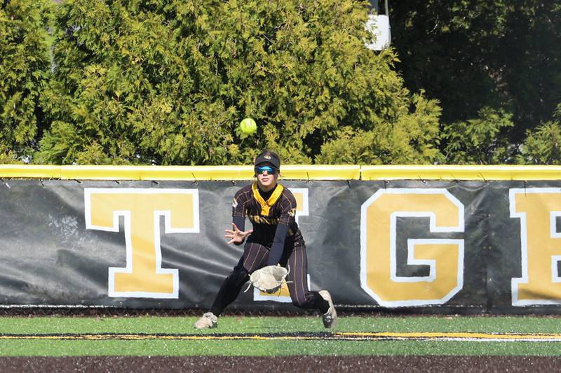 Herscher's Emery Fritz makes a catch in center field during their game against Bradley-Bourbonnais on Monday, March 23, 2026.
