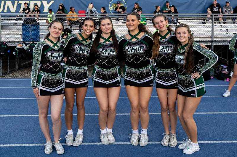 Plainfield Central’s varsity cheer team poses for a photo before a varsity football away game against Joliet Central on Sept. 26, 2025.