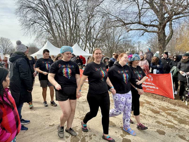 The Dream Achievers get ready to jump during the 9th annual Polar Plunge in Mendota on Saturday, Feb. 28, 2026.