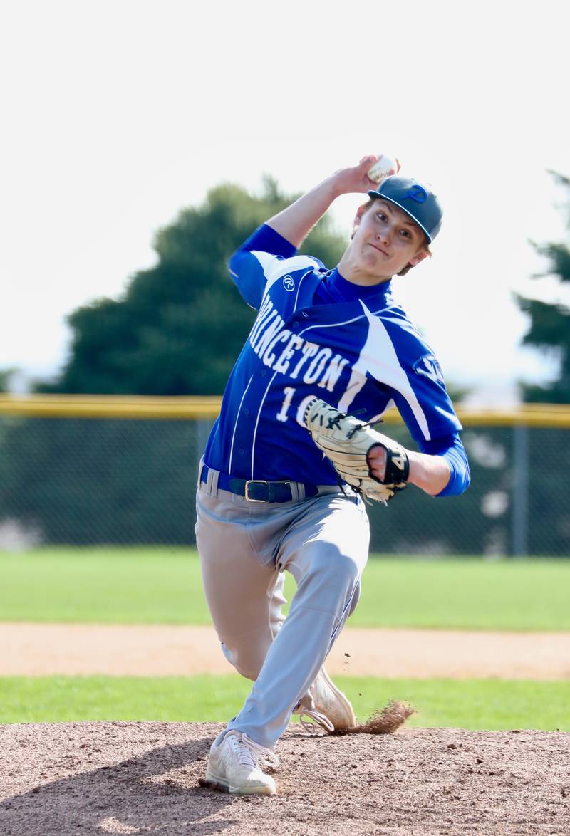 Princeton's Danny Cihocki fires a pitch Thursday at Bureau Valley. He gained the 12-6 victory.