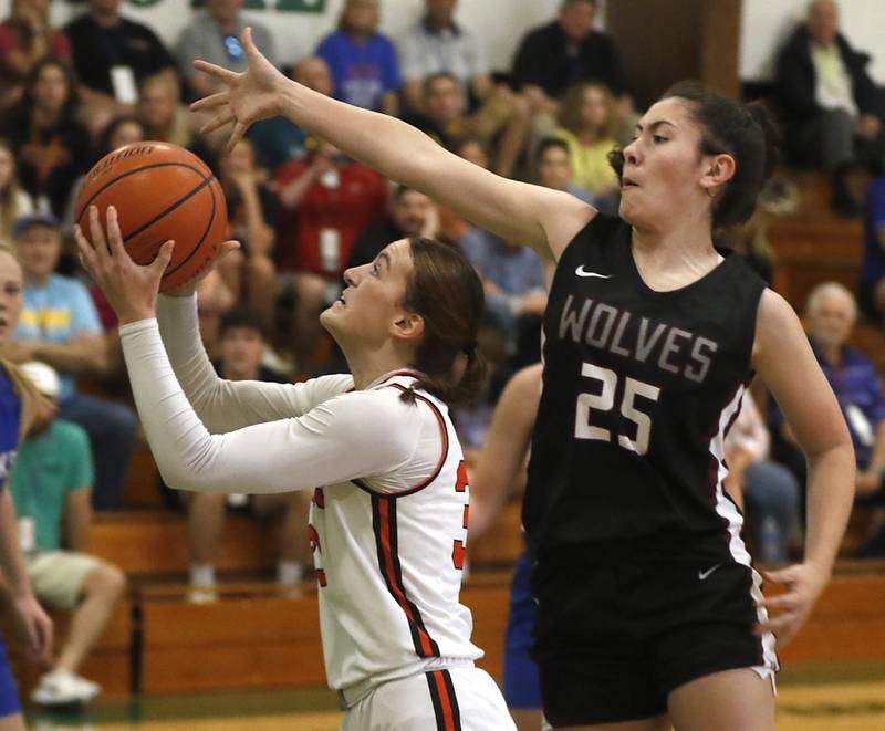 Prairie Ridge's Addie Meyer tries to block the shot of Crystal Lake Central's Kathryn Hamill during the girl’s game of McHenry County Area All-Star Basketball Extravaganza on Sunday, April 14, 2024, at Alden-Hebron’s Tigard Gymnasium in Hebron.