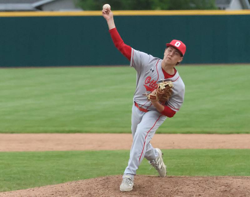 Ottawa's Noah Marvin lets go of a pitch to L-P on Thursday, April 30, 2026 at Huby Sarver Field in the L-P Athletic Complex in La Salle.