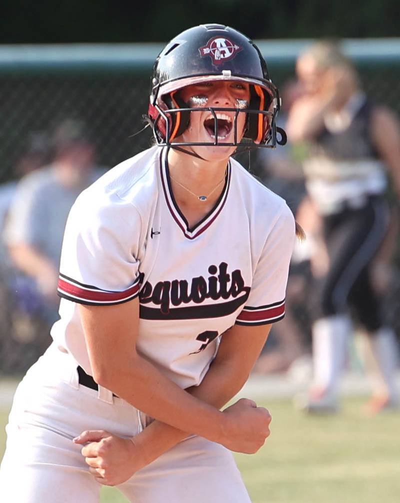 Antioch’s Emily Brecht celebrates after hitting an RBI double during their Class 3A supersectional game Monday, June 5, 2023, against Sycamore at Kaneland High School in Maple Park.