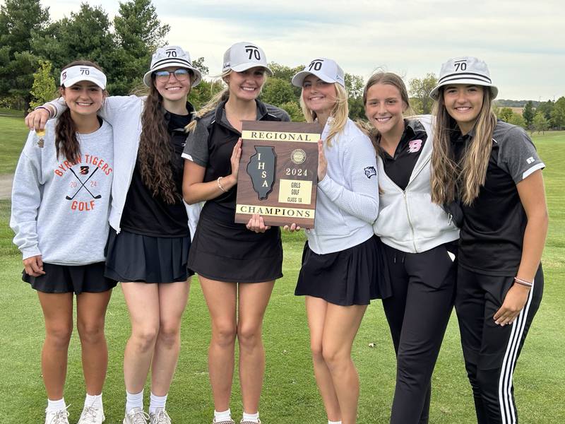 Byron's girls golf team Alayna Brandt, Sophia Cross, Gina Baker, Jaden Palzkill, Morgan Nelson, and Lillian Nogaj finished first at the 1A regional at Wolf Hollow Golf Course in Lena on Tuesday, Oct. 1, 2024. The team will compete Monday, Oct. 7, at the Byron Sectional.