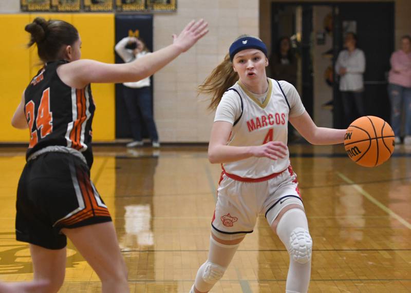 Polo's Camrynn Jones (4) drives to the basket against Milledgeville on Saturday, Jan. 24, 2026 at Polo High School.