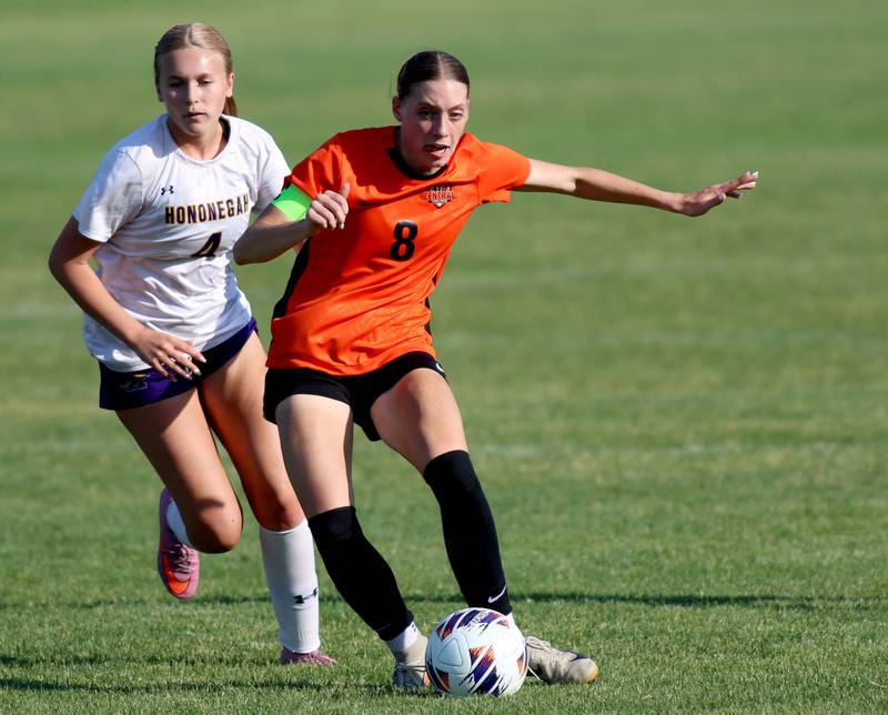Crystal Lake Central’s Peyton McMahon, right, gets past  Hononegah’s Talley Berke in IHSA Class 2A Sectional Semifinal girls soccer on Monday, May 25, 2026 at Crystal Lake Central High School in Crystal Lake.