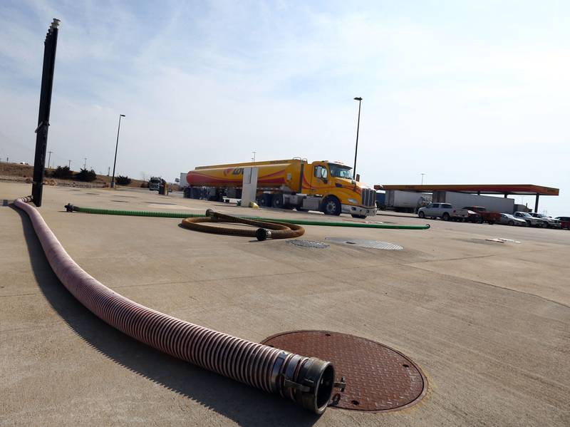 A tanker truck fills gas pumps  on Thursday March 17, 2022 at Loves Truck Stop in Oglesby.