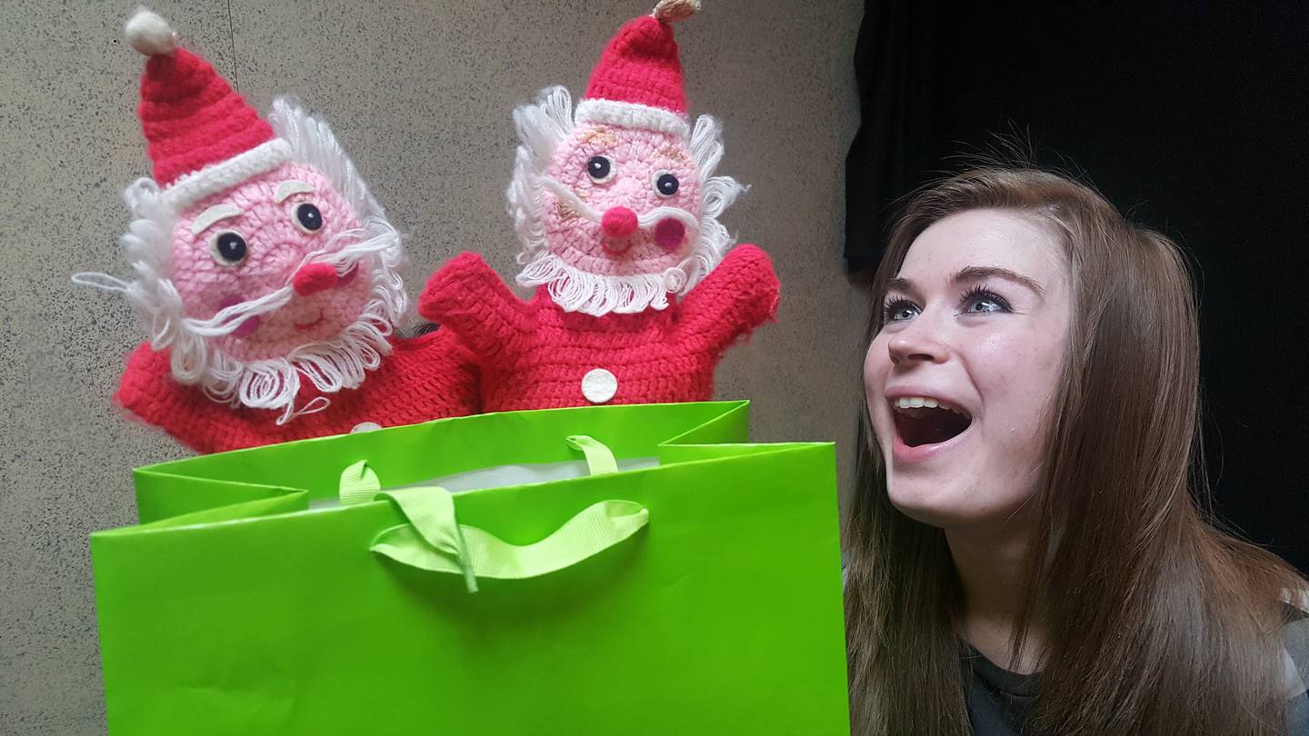 Troy and Roy bring Becky Johnson (Kate Roberts) joy in "Seasonal Bags" at STC Theater [photo credit: Debbi Dennison]