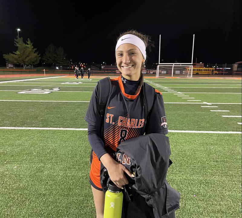 St. Charles East junior forward Mia Raschke following the Saints’ 3-0 win over Wheaton Warrenville South on Tuesday.