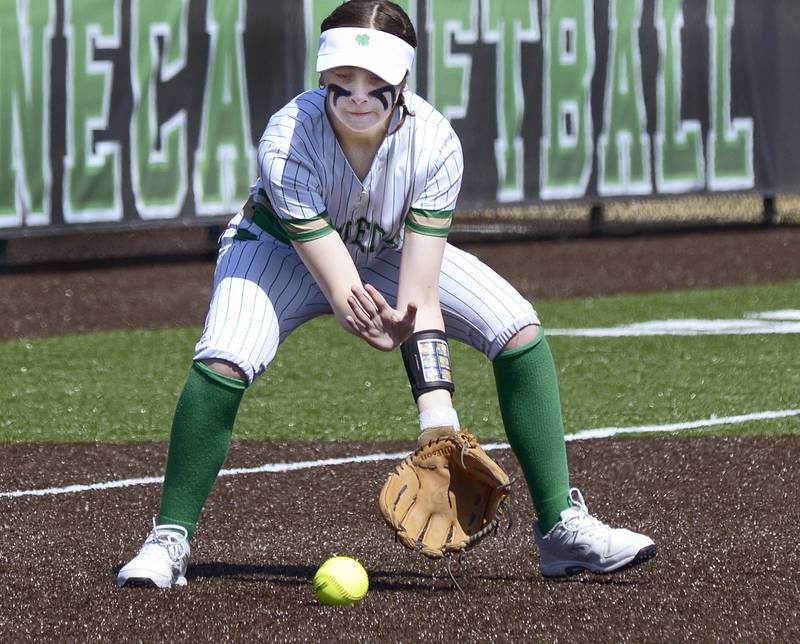 Seneca’s Kaylee Klinker sets to field a ground ball against Serena Saturday at Seneca.