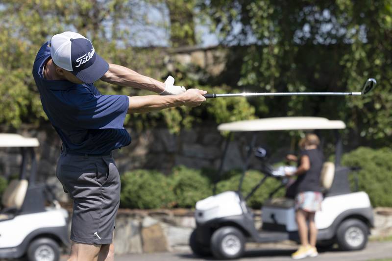 Sterling’s Grant Hartman tees off on #5 Saturday, Aug. 24, 2024, at Deer Valley.