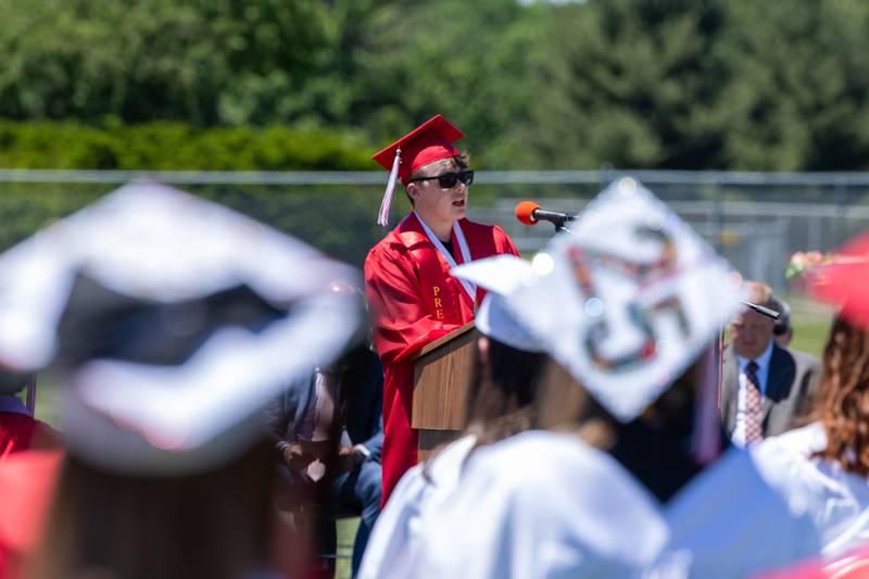 Class President, Sidney Davis speaks to graduates on Sunday, May 18, 2025 at Hall High School in Spring Valley.
