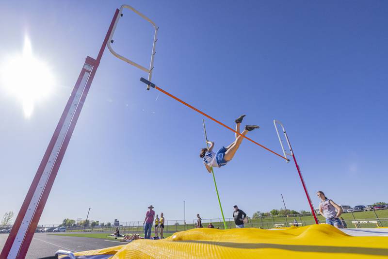 Princeton's Josie Sierens competes in pole vault during the meet at Mendota High School on May 3, 2024.