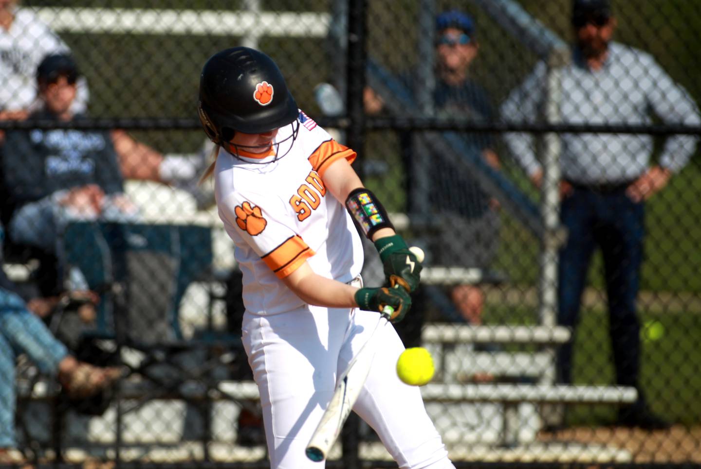 Wheaton Warrenville South’s Maddie Pool hits a double during a game at St. Charles North on Monday, May 6, 2024.