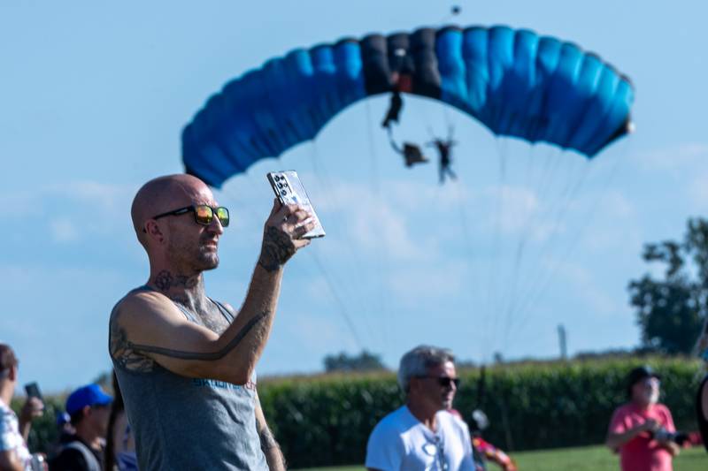Juan Leg records as Skydivers glide towards drop zone on Friday, Aug 22, 2025 above Skydive Chicago in Ottawa.