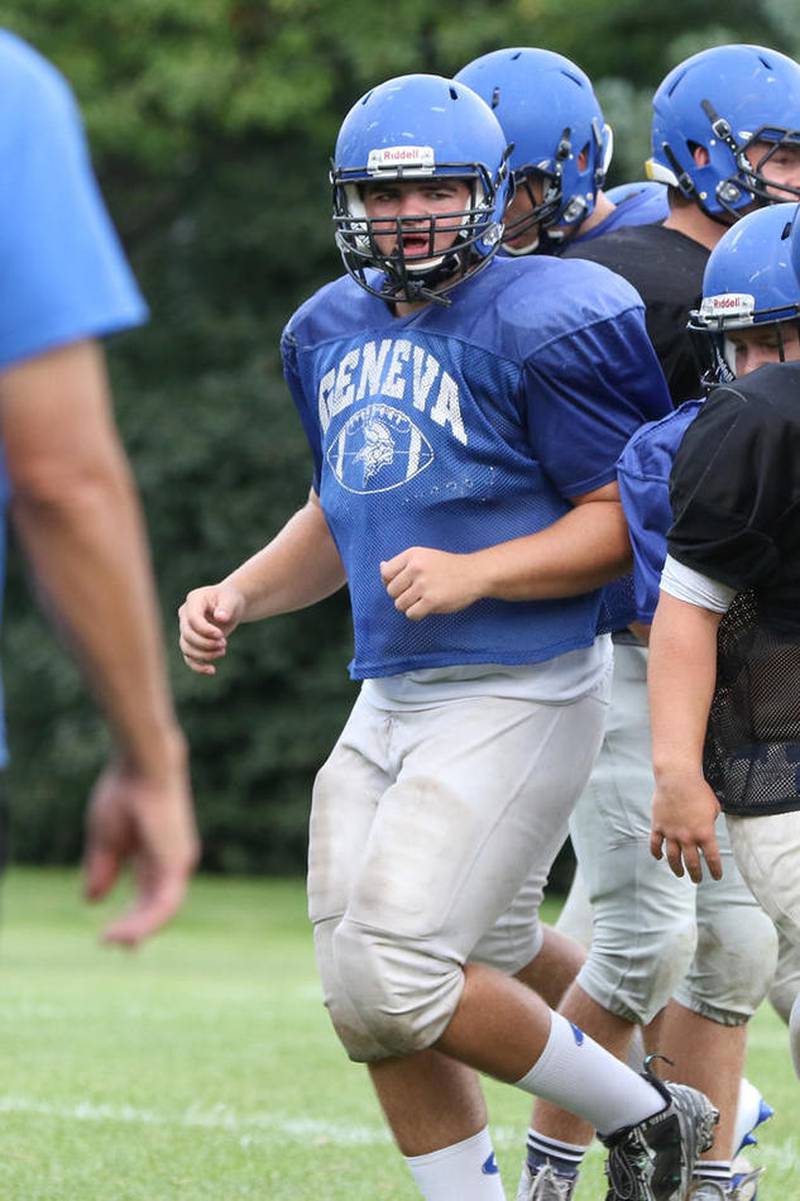 Geneva offensive lineman Bob Ritter comes to the line of scrimmage on Aug. 19 during a practice at the school. The Vikings have several new players taking over larger roles on both sides of the ball.
