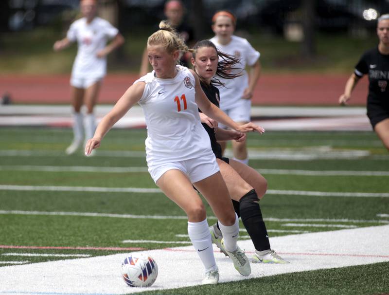 CrysCrystal Lake Central’s Madeline Gray keeps possession of the ball during a Class 2A girls state soccer semifinal against Benet at North Central College in Naperville on Friday, June 2, 2023.tal Lake Central’s Madeline Gray keeps possession of the ball during a Class 2A girls state soccer semifinal against Benet at North Central College in Naperville on Friday, June 2, 2023.