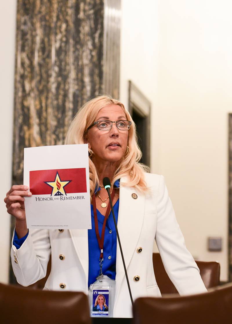 Sen. Sue Rezin holding a photo of the Honor and Remember Flag on the Senate Floor.