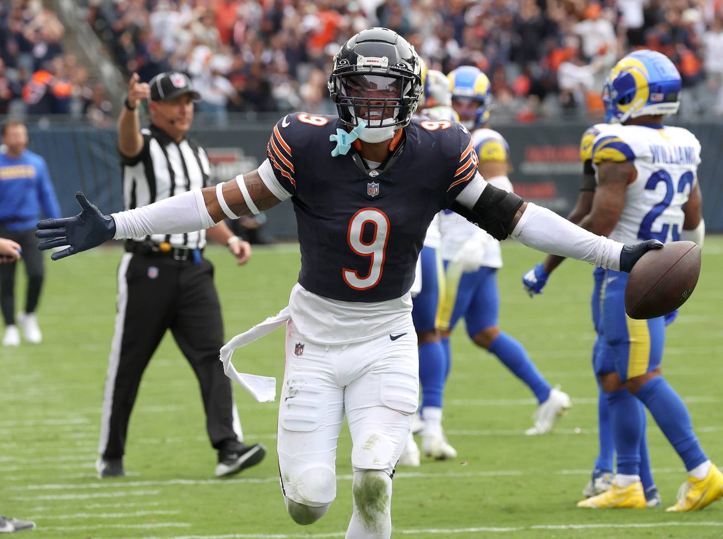 Chicago Bears safety Jaquan Brisker celebrates after intercepting Los Angeles Rams quarterback Matthew Stafford to seal the game Sunday, Sept. 29, 2024, at Soldier Field in Chicago.