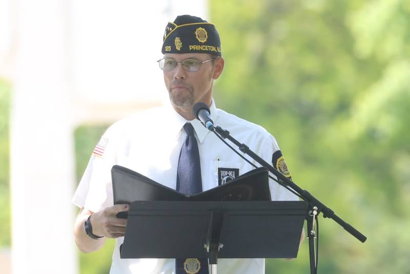 David Ohlson United States Navy Veteran was the Master of Ceremonies during the Memorial Day service on Monday, May 25, 2026 at Soldiers and Sailors Park in Princeton.