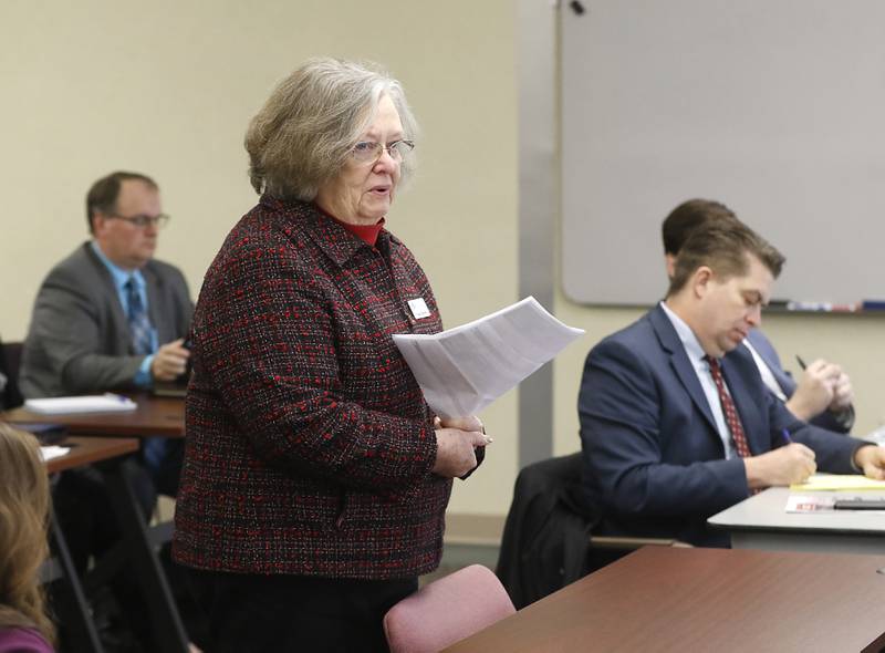 Paula Ekstrom of the League of Women Voters of McHenry County, addresses McHenry County's Law and Government Committee on Tuesday, Jan. 31, 2023, at the McHenry County Administration Building. The committee held a public comment period before it considered a resolution to oppose Illinois' newest gun ban and support its repeal.