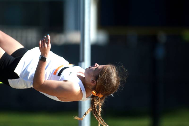 Wheaton Warrenville South’s Gracyn Mangelsen competes in the high jump during the DuKane Conference Girls Outdoor Championship on Thursday, May 8, 2025 at Glenbard North in Carol Stream.
