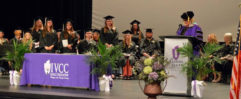 IVCC President Dr. Tracy Morris addresses the graduates and an audience at the 44th annual Adult Education Recognition Event.