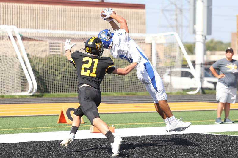 Joliet Central’s Christian Smith makes an acrobatic catch for the score against Joliet West on Saturday, Sept. 23, 2023 in Joliet.