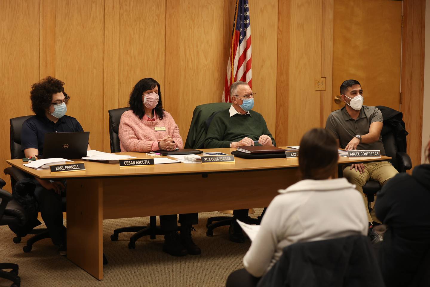 Board members Cesar Iscutia (left), Suzanna Ibarra, Ray Slattery and Angel Contreras during the Joliet Township regular board meeting. Tuesday, Feb. 8, 2022, in Joliet.