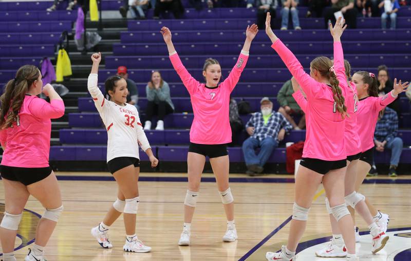 Members of the Earlville volleyball team react after getting a point over Parkview Christian during the Class 1A Regional semifinal game on Monday, Oct. 28, 2024 at Serena High School.
