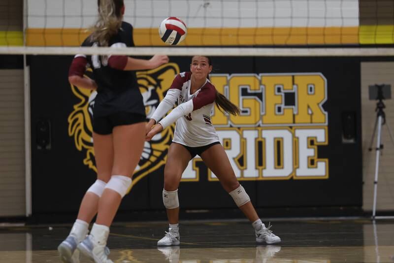 Plainfield North’s Cassidy Clinton receives the serve against Joliet West on Wednesday, Sept. 6, 2023 in Joliet.