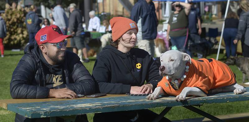 Scotty Quintanilla and Mary Brandner and their dog “Kali” take a break from all the activities during Bill’s Barktoberfest which took place Saturday at the Jordan Block in Ottawa.