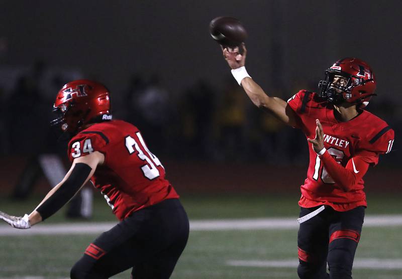 Huntley's Braylon Bower throws a pass during a Fox Valley Conference football game on against Crystal Lake South Friday, Sept. 29, 2023, at Huntley High School.