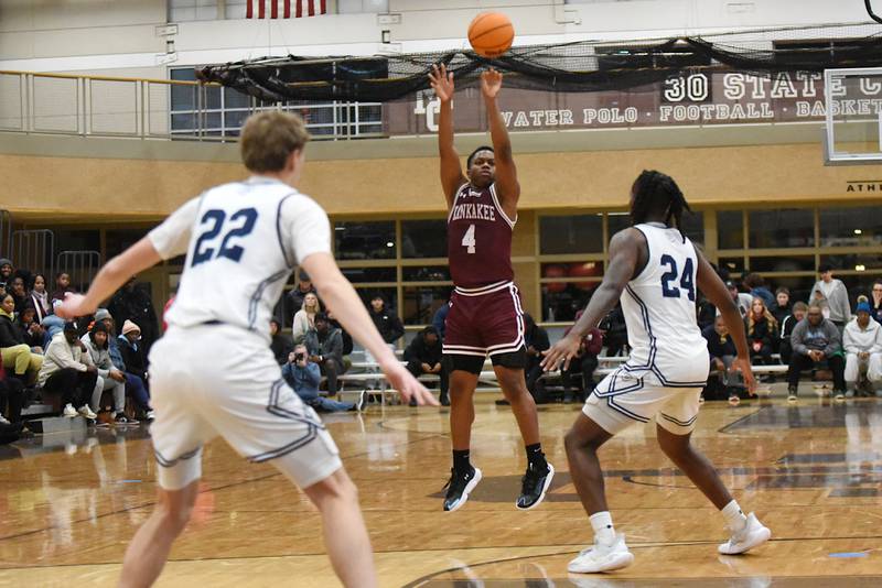 Kankakee's Myair Thompson shoots a 3-pointer during a game against DePaul Prep at the Team Rose Shootout at Mount Carmel Sunday, Dec. 14, 2025.