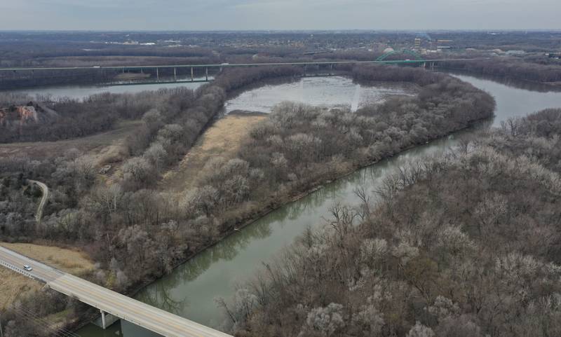 An aerial view of Zones 1 and 2 where the Vermilion and meets the Illinois River on Wednesday, March 27, 2024 near Oglesby. In October 2018, the Illinois Department of Natural Resources purchased 2,628 acres from Lone Star Industries Inc. near Oglesby, Illinois in rural LaSalle County. This formerly mined property is adjacent to Matthiessen State Park and is now referred to as the Matthiessen Annex property. In its reclaimed state, this property will provide recreational opportunities, as well as habitat and public access to the Illinois River and Bailey Creek.