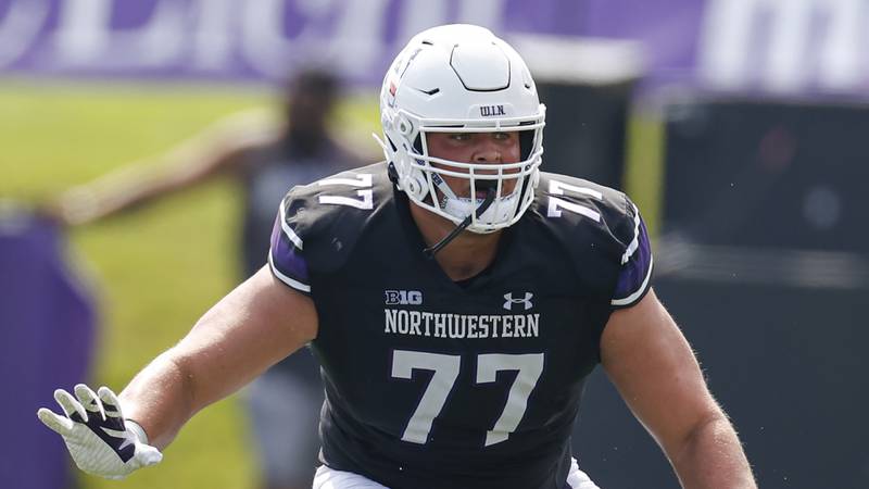 Northwestern offensive lineman Peter Skoronski, a Maine South graduate, in action against Duke during the 2022 season.