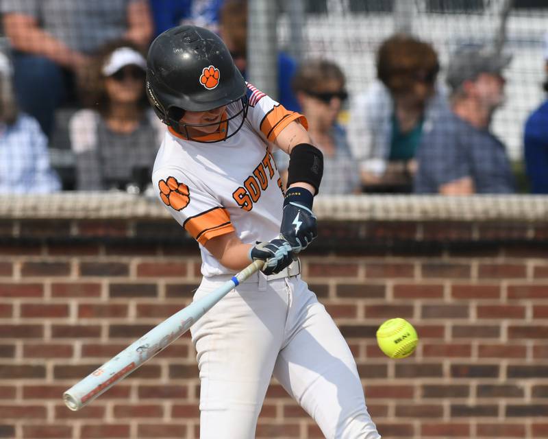 Wheaton Warrenville South's Presley Wright (3) hits a home run during the sectional semifinal game while taking on Wheaton North on Thursday June 5, 2025, held at Oswego High School.