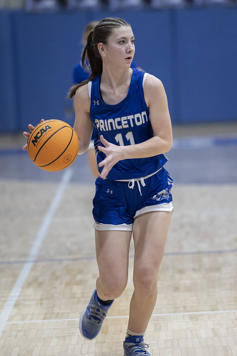 Princeton’s Addy Dever looks to make a pass against Newman Thursday, Jan. 15, 2026.