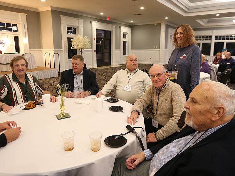 WLPO radio personalities (from left) Mike Brown, Don Zukowski Rick Sipovic, Lanny Slevin, Clare Bennett and Joe Hogan mingle at the WLPO 75th Anniversary party on Wednesday, Nov. 16, 2022 at Senicas Oak Ridge in La Salle.
