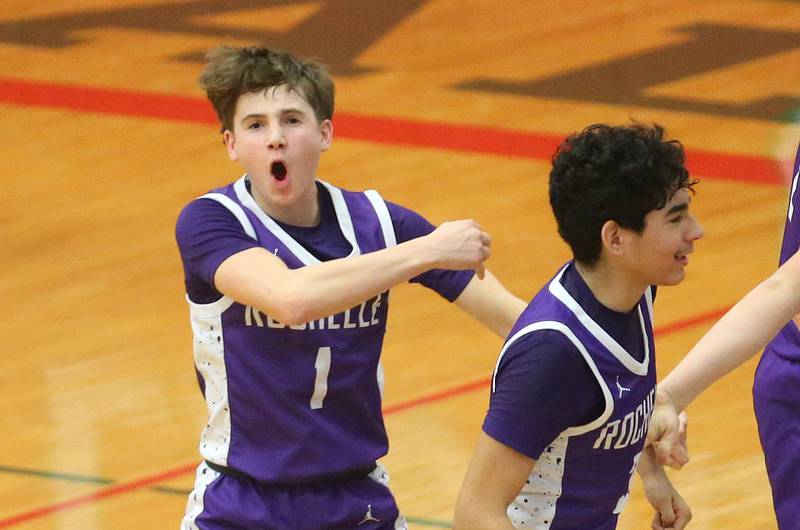 Rochelle's Cohen Haedt reacts with teammate Kasin Avila after sending the game to overtime against L-P on Friday, Feb. 13, 2026 in Sellett Gymnasium at L-P High School.