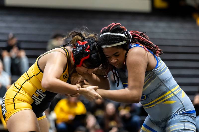 Joliet West’s Bianca Campos and Joliet Central’s Diamond Edmonds compete in the 190 pound match at Joliet West on Jan. 12, 2026.