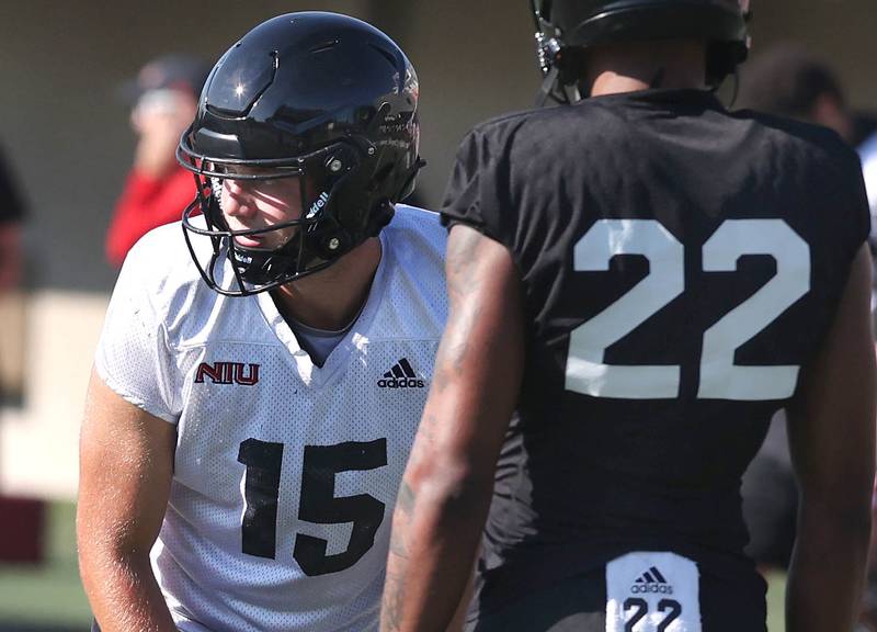Northern Illinois University receiver Cole Tucker  lines up for a play against cornerback Cyrus McGarrell Monday, August 1, 2022, during practice at Huskie Stadium in DeKalb.