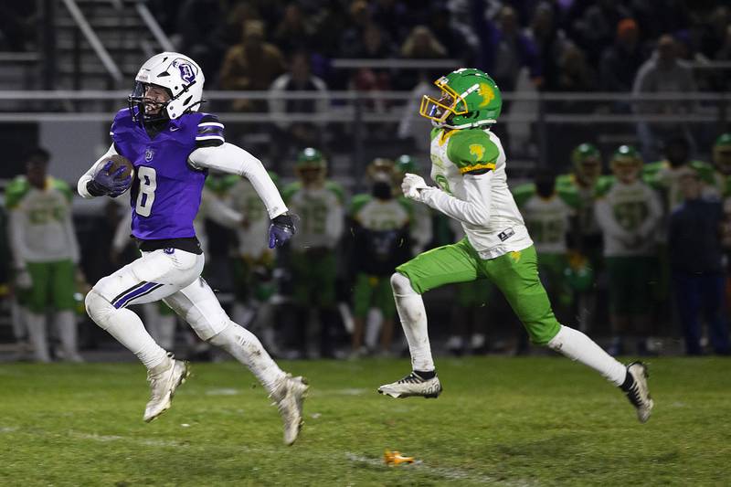Dixon’s Tyson Dambman outruns Chicago Ag Science’s kickoff squad for a TD Friday, Nov. 8, 2024 in the second round of the Class 4A football playoffs.