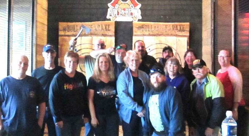 Open Roads ABATE members at the axe throwing event included Frank Lorang, Chris Zimmerman, Sandy Murrell, Sam and Sharyl Mataya, Kevina and Patti Smith, Brian Smith, Doug Cytrych, Mike Sundblom, Linda and Cliff Oleson, Diana Rebechini and Nickie Warmac.