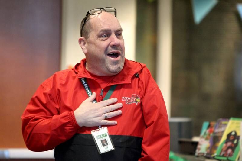 Prairieview Elementary School Principal Mark Pagel reacts to his surprise announcement as Illinois Principals Association Principal of the Year at the Downers Grove school on Wednesday, March 9, 2022. Prairieview is part of Center Cass School District 66.