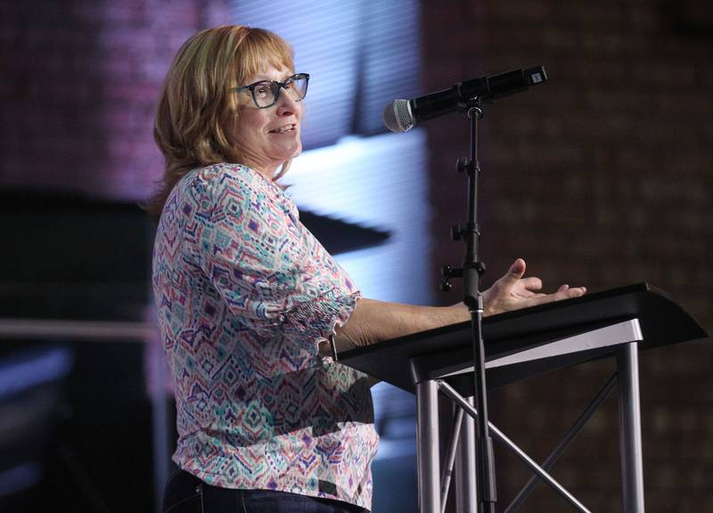 Shelly Pettibone, Fox Lake Resident Floater, shares stories of faith and her experience on the Chain O'Lakes Thursday, May 4, 2023, during the Grant Township National Day of Prayer Gathering at CrossPoint Church in Ingleside.
