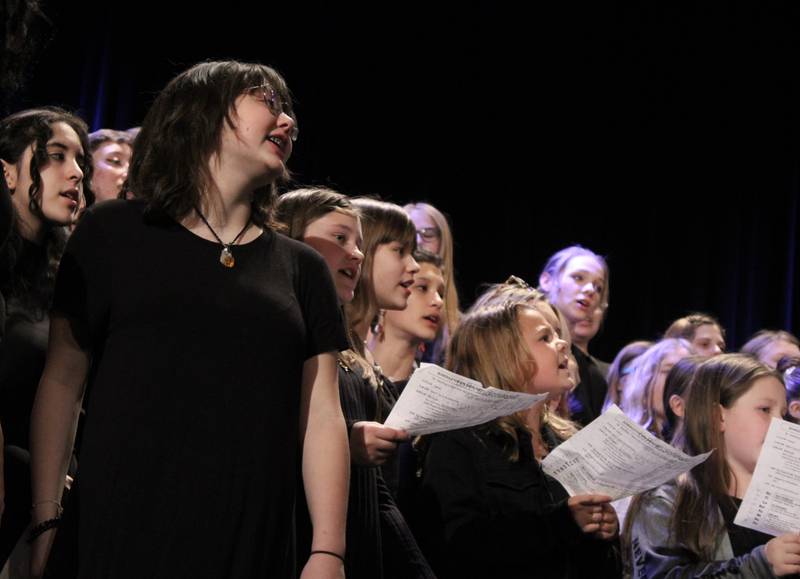 Members of the Dixon Public Schools choir sing during the finale of the Choir Fest on Friday, March 3, 2023, at Wiltz Auditorium. The choir sang "Tshotsholoza," a South African freedom song.