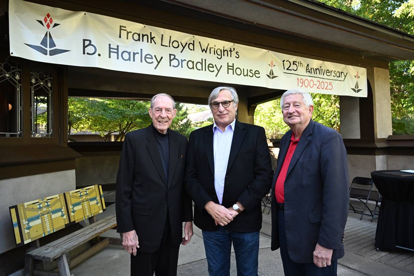 Distinguished architects Gaines Hall, left, John Eifler, center, and Bob Bohlmann pose for a photograph after speaking during Wright in Kankakee's plaque rededication ceremony on Sunday, Oct. 12, 2025.
