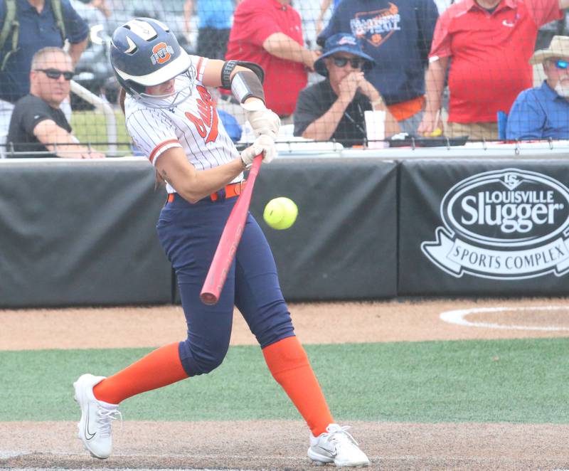 Oswego's Marissa Moffett smacks a hit against Mundelein during the Class 4A third place game on Saturday, June 8, 2024 at the Louisville Slugger Sports Complex in Peoria.