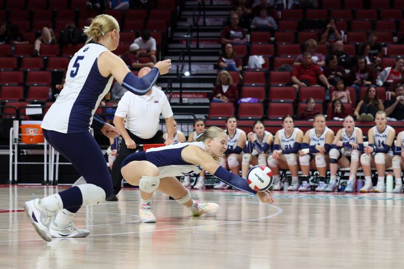 Cissna Park's Josie Neukomm gets under the ball during the Timberwolves' victory in two sets, 25-11, 25-14, over Stockton in the IHSA Class 1A State championship on Saturday, Nov. 15, 2025.